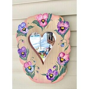 CLEARANCE: Vintage Hand Painted Floral Heart Mirror on Wood, 1989
